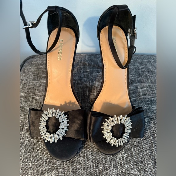 Express Shoes - Express Black Satin Heels with Rhinestone Detail, NWT, size 8